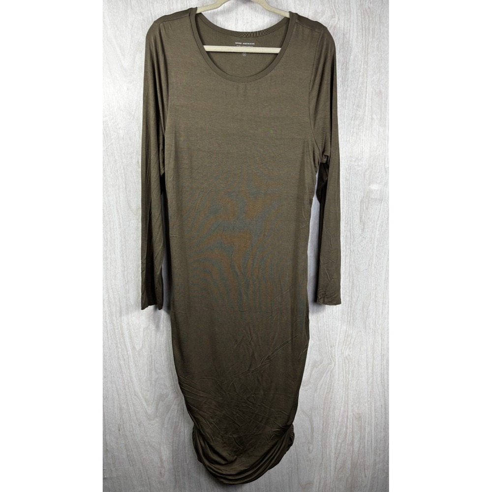 Good American Ruched Midi Dress Womens 6 Olive Fog Bodycon Wedding Guest - Picture 2 of 7